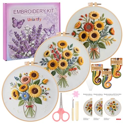 Uniartfy 3 Sets Sunflower Embroidery Kits for Beginners, Needlepoint Kits for Adults, Cross Stitch Kit with Cloth, Hoop, Threads and Instruction, Easy to Learn Embroidery Starter Kit for Craft Lover - color: Embroidery Kit-K