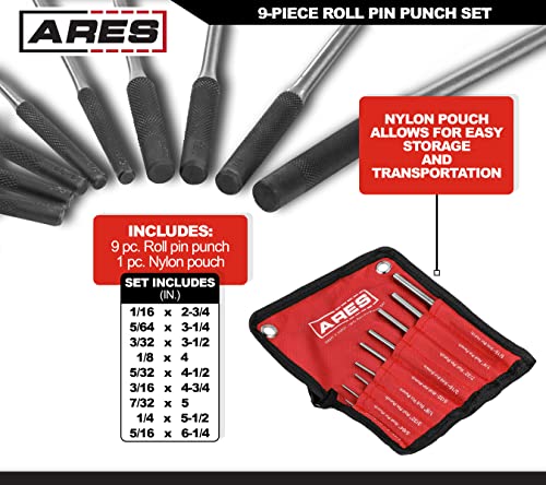 ARES 10021 – 9-Piece Roll Pin Punch Set – Durable Heat Treated and Drop Forged Steel Pin Punches with Pouch -Ideal for Automotive Repair, Gunsmithing, Craft Work, and Jewelry Repair - size: 9-Piece Roll Pin Punch Set