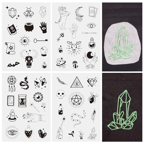 Magibeads 52 Patterns Witchy Water-Soluble Embroidery Moon Spider Cow Dreamcatcher Stick and Stitch Embroidery Paper Starter Kit for Hand Sewing Beginners Adult - color: Withcy