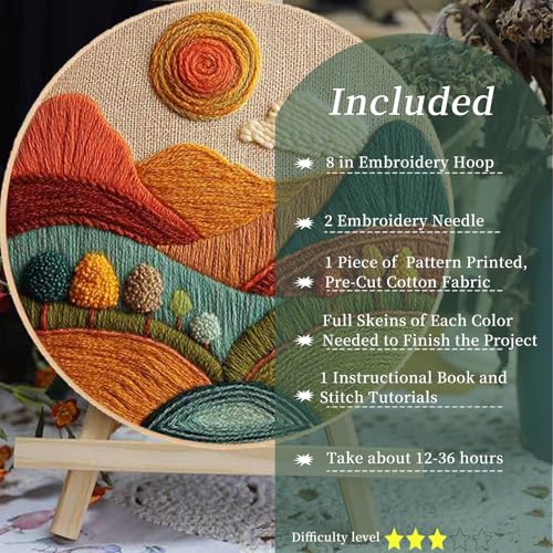 FONNUY Embroidery Kit for Beginners, Textured Vibrant Nature Landscape Pre-Stamped Pattern Kits for Adults with Hoop, Easy to Follow Color Thread Needlework, 8'' Hoop (Red 2) - color: Red 2