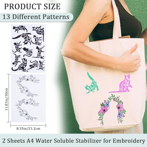 CRASPIRE 2 Sheets Black Cats Flowers Water Soluble Embroidery Patterns Stabilizers Hand Sewing Stick and Stitch A4 Transfers Fabric Wash Away Pre-Printed Self Adhesive for Beginner Cloth Sewing Lovers - style: Cat 2 Sheets