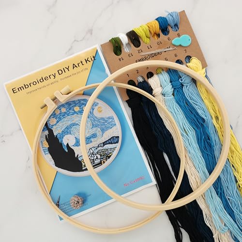 Esffaci Embroidery Starter Kit for Adults Beginners with Van Gogh Starry Night Pattern Stamped Cross Stitch Set with Embroidery Cloth Hoop Needles Threader Colorful Floss and Instruction - color: Starry Night