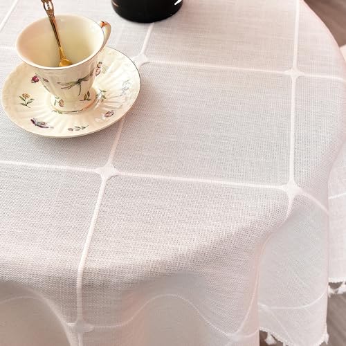 Plaid Round Tablecloth 36 Inch Cotton Linen Round Table Cloth - color: Off-white, size: 36" (Round)