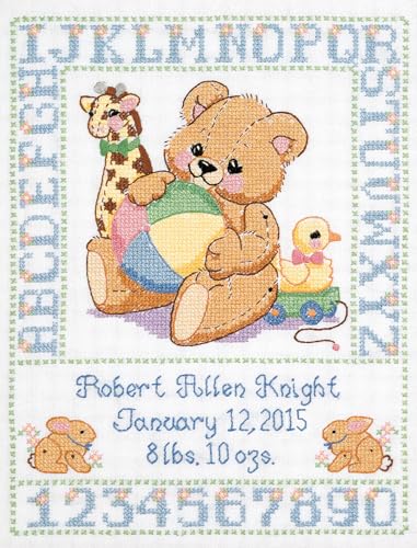 Janlynn C5589 Bear Birth Sampler Stamped Cross Stitch Kit-11"X14", Multicolored