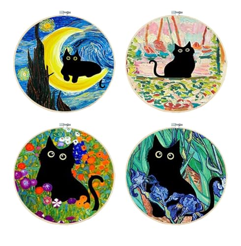 4 Pack Black Cat Stamped Cross Stitch Kits for Adults Beginners with Frame - color: 4 Pack Cross Stitch Kits20x20in-1