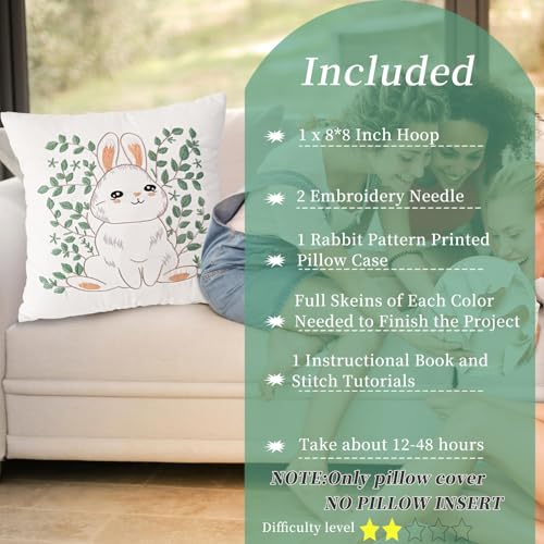 FONNUY Easter Throw Pillow Case Embroidery Kit, Eucalyptus Leaves Happy Rabbit Bunny Stamped Pattern Kits for Audlt Beginners, Hand Works Crafts Throw Pillow Cover, 18 x 18'' (Rabbit 01) - color: Rabbit 01