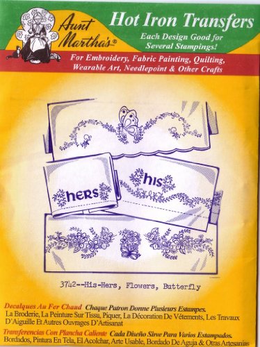 His-Hers, Flowers, Butterfly Aunt Martha's Hot Iron Embroidery Transfer