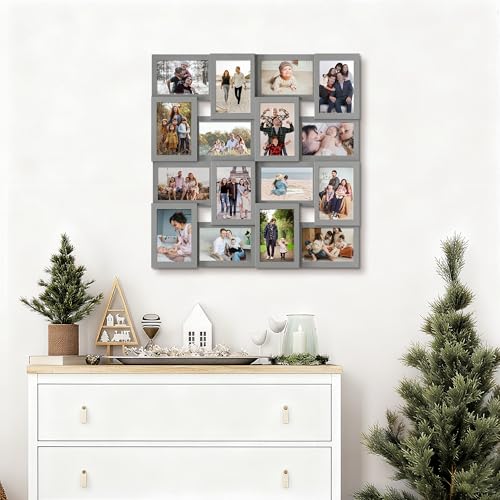 J.M.Deco Collage Picture Frames for Wall 16 Opening, Large Photo Frame Collage Wall Hanging for 4x6 Photo, Reunion Friends Family Memory, Christmas Gift - Grey - color: Grey, size: 16 Opening