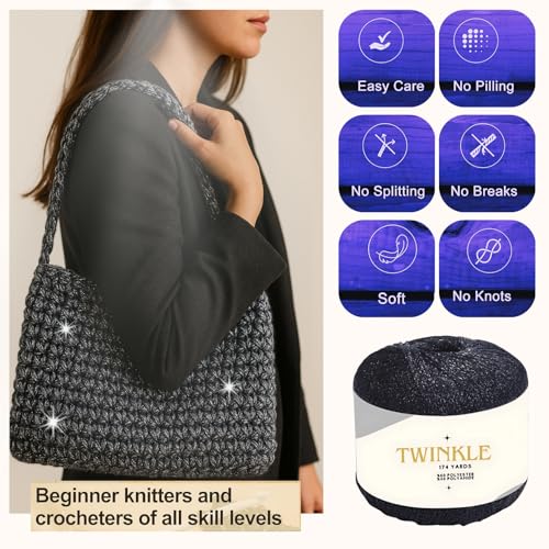 Pack 1 Twinkle Metallic Glitter Yarn Sparkle Fine 1 Light Fingering Weight Worsted Gold Silver for Crochet Knitting, 25g 0.88oz, 175yard Soft Craft Shawls Bags Lurex (Silver Shimmer, Pack 1)