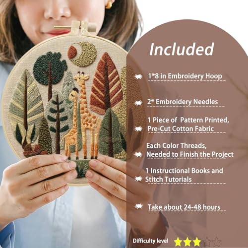 FONNUY Giraffe Pre-Stamped Embroidery Pattern for Beginners, Boho Needlepoint Kits for Beginners Cross Stitch Craft Sewing Full Needles and Thread Hoop Kit (Giraffe 03) - color: Giraffe 03