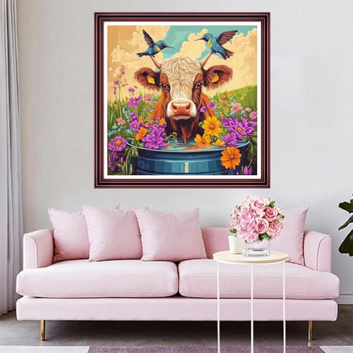 Funchey Counted Cross Stitch Kits for Adults Needlepoint Kits Unprinted Cross Stitching Embroidery Kit 11CT Cross Stitch Supplies-Hummingbird Flower Cow 18x18 inch - color: ArtsKit18