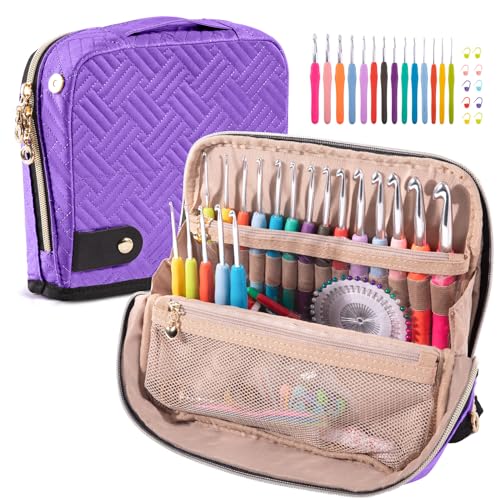 MYBAGZING Ergonomic Crochet Hook Set with Case 14 Sizes 2mm-10mmCrochet Kit - color: Purple, size: Case (14 Crochet Hooks)