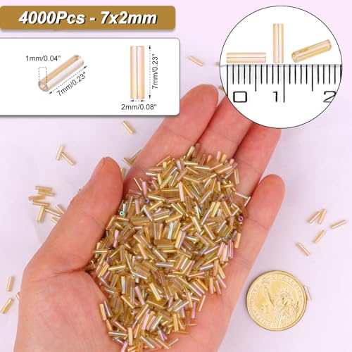 4000 Pcs Champagne Gold Glass Bugle Beads, 2 x 7 mm Embroidery Beads, Small Long Tube Seed Beads for Embroidery Craft Jewelry Making - color: Champagne Gold