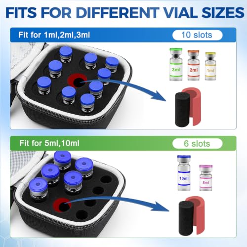 10 Slots Peptide Case for Fridge Vial Case 1ml 2ml 3ml 5ml 10ml Vials - color: Black-4×(1-3ml)+6*(1-10ml)