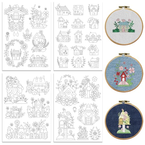 Peacoblue House, Flower Stick and Stitch Embroidery Patterns, Water Soluble - color: House with Flowers