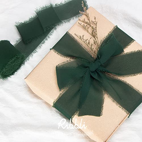 Ribbli Forest Green Chiffon Silk Ribbon, 1.5 Inch x 30 Yard - Handmade, Fringe, Wedding Invitations, Gift Wrapping, Bridal Bouquets, Flower Arrangement - color: Forest Green