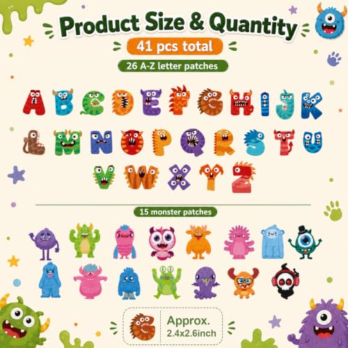 Cinrobiye 41 Pcs Monster Patches Self Adhesive Little Monsters A to Z Alphabet Applique Cute Monsters Themed Chenille Letter Patches Stick on for Clothing Hats Bags Fabric DIY Crafts - style: Monster