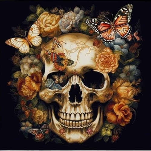 Flower Butterfly Skull 11ct Counted Cross Stitch Kits Color Printed Stamped Cross-Stitch Supplies Needlework Printed Embroidery Kits DIY Kits Needlepoint Starter Kits 50x50cm(h3)