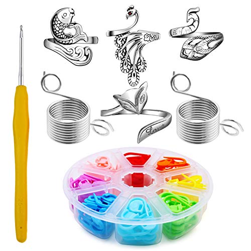 6pcs Yarn Tension Ring, Tension Ring Crochet, Knitting Crochet Loop Ring for Fingers, Adjustable Knitting Loop Crochet Ring, 104PCS Knitting Stitch Markers and 1 Crochet Hook