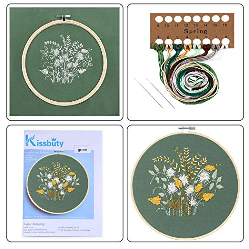 KISSBUTY Full Range of Embroidery Starter Kit with Pattern, Cross Stitch Kit Including Embroidery Fabric with Floral Pattern, Bamboo Embroidery Hoop, Color Threads and Tools Kit (Flowers Plants)