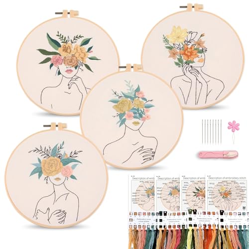 Harimau Adult Beginner Embroidery Starter Kit, Complete Set with 4 Patterns, 2 Hoops, Needles, Scissors, Instruction Guide & Stitching Video Tutorials - color: Human body art patterns