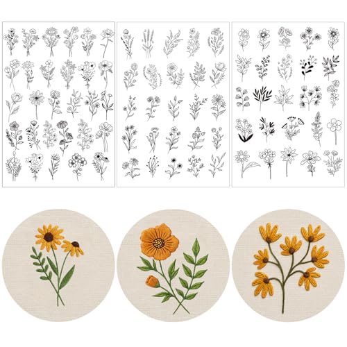 Flower Water Soluble Embroidery Patterns, 3 Sheets 80 Pcs Stick and Stitch Embroidery Papers Wash Away, Transfer Paper with Pre-Printed Floral Leaves Designs for Hand Sewing Lovers Beginners - size: Flowers