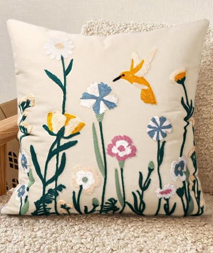 Embroidered Throw Pillow Cover 18x18 Inch, Flower Bird - color: Flower Bird, size: 18" x 18" (Pack of 1)
