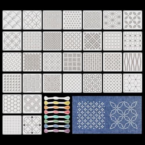 40 Pcs Sashiko Stencil Set, 5.12 x 5.12 in Plastic Geometric Sashiko Pattern Templates with 8 Colors Thread, Drawing Line Embroidery Stencils for Visible Mending, Hand Sewing and Quilting