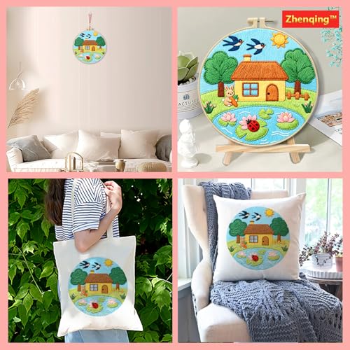 Zhenqing Summer Lotus Embroidery Kit for Beginners, Bunny with Carrot Craft Set with 20cm Hoop, Printed Design on 29x29cm Cotton Fabric, DIY Bright Wall Art (C0161) - color: Summer Pond