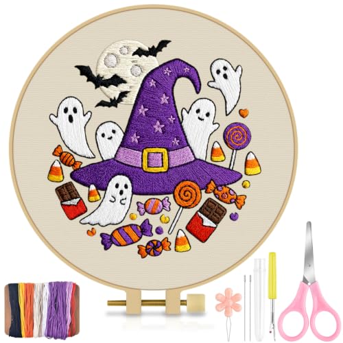 TINDTOP Halloween Embroidery Kit for Adult, Embroidery DIY Starter Kit, with Stamped Patterns, Hoop, Tools, Colorful Threads with Needles, Instructions (Halloween C) - color: Halloween C