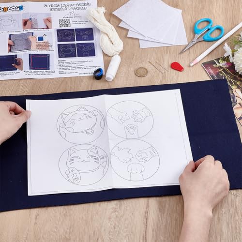 FREEBLOSS 4 Set Lucky Cat Sashiko Coasters Kit with Instructions Sashiko Kit for Beginners Water Soluble Embroidery Patterns Sashiko Practice Project Embroidery Coasters Kit for Housewarming Gift