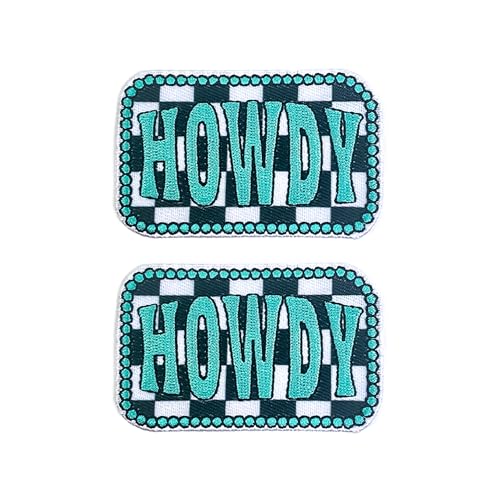 Howdy Turquoise Checkered Patch, 2.75” x 1.75", Embroidered Iron-On for Hats, Bags, Jackets, 2-Pack - color: Checkered Howdy Patch