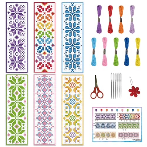 INFUNLY 6PCS Flower Cross Stitch Bookmark Kit for Beginners 8.66"×3.15" Boho Plaid Flowers Embroidery Bookmark Kits Geometric Pattern Cross Stitch Kit with Instruction for Book Lovers Reader Writers - style: Plaid Flowers