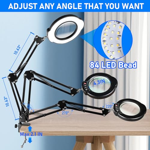 10X Magnifying Glass with Light and Stand, LED Desk Lamp with Clamp, 5 Color Mode, 10 Dimmable Levels, Hands Free for Reading Crafts Jewelry Sewing Close Work - color: Black, size: Standard Clamp