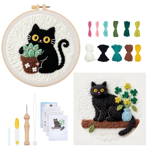 BEUNITONE 2PCS Cat Punch Needle Kit for Adults Beginners, Complete Craft Embroidery Needlepoint Kits with Hoop and Instructions, Punch Needle Starter Craft Set for Home Decor, Festival Gift 20x20cm - color: 01-Cats and Plants