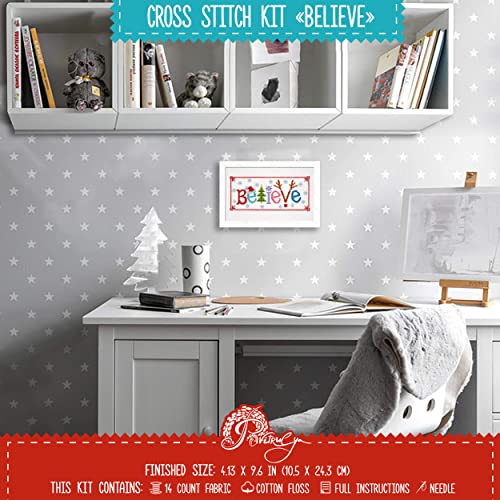Povitrulya Counted Cross Stitch Kit 'Believe' - Embroidery Set for the Holidays, Encouragement, or Inspiring Everyday Possibilities with a Christmas Tree, Snowflake, Deer and Santa Hat