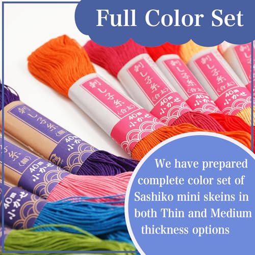 Daruma Sashiko Mini Skein Thread Set 100% Cotton Embroidery Floss for Hand Stitching and Crafts | Zipper Bag & 3 Bird Thread Cards | Made in Japan (20 Colors/Thin) - color: 20 Colors / Thin