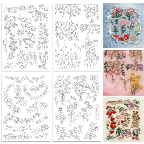 ORIGACH 4 Sheets Water Soluble Neckline Embroidery Patterns Stabilizers - Pre-Printed Floral Patterns Designs - Stick & Stitch Embroidery Paper for Hand Sewing Lovers - color: Floral