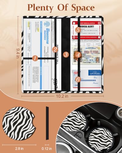 Slohif Car Registration and Insurance Holder with 2 Car Coasters, Elegant - color: Black Zebra