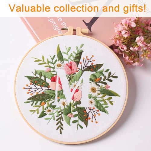 Harimau Letter M Pattern Embroidery Kit for Adult Beginners, Complete Starter Pack with 1 Hoop, Needles, Instruction Guide & Embroidery Stitch Video Tutorials - color: M