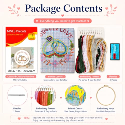 Zhenqing Forever Love Cross Stitch Kit with Wedding Rings, 11CT Printed 20x20cm for Beginners, Romantic Embroidery Set with 16cm Hoop(70837) - color: Forever Love