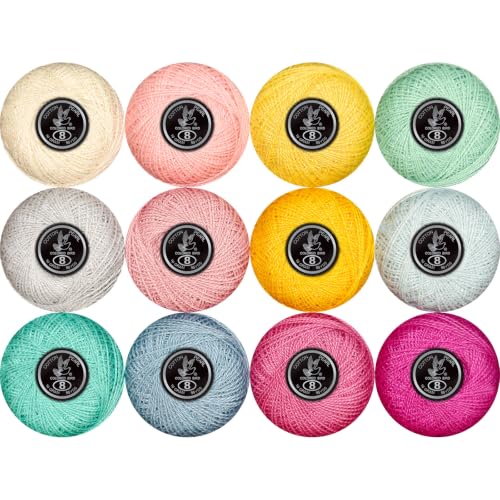 Double Mercerized Egyptian Long Staple Cotton Pearl Thread Ball 10 Grams Rainbow Color 12 Colors per Box for Crochet Hardanger Kniting Hand Sewing,Pink & Fresh GreenPalette - color: Pink Fresh Green Palette