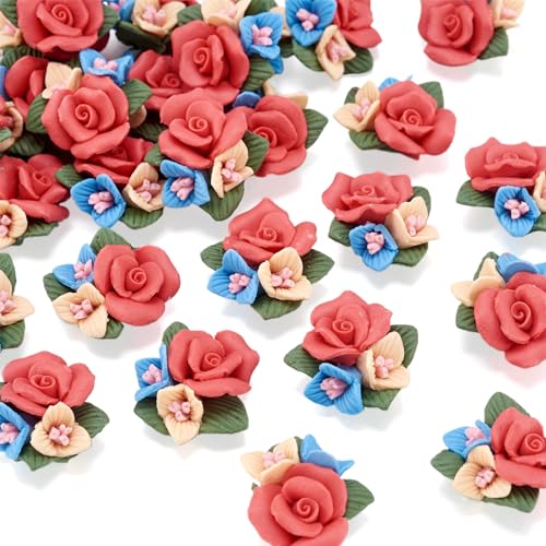 Beadthoven 50pcs Flatback Rose Flower Handmade Porcelain Cabochons Colorful Floral Bouquet Clay Beads Charms No Hole for Gluing DIY Jewelry Making Supplies Stud Earring Embellishment - color: 0Rose#21~24mm