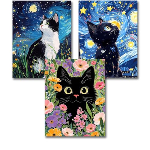 3 Pack Black Cat Scenery Stamped Cross Stitch Kits for Adults Beginners - color: Black Cat