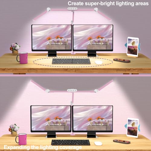 Micomlan Architect Desk Lamp for Home Office, Pink Desk Lamp with Clamp for Working, 24W Bright Rotatable Led Table Light Stepless Dimming Tempering Wide Computer Light for Crafting Puzzle Hobby - color: Pink