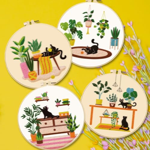 BEUNITONE Kitten Embroidery Kit for Beginenrs Hand Sewing Embroidery Kits with Cat Pattern DIY Embroidery Kit with Kitten Colourful Threads Needles Instructions - style: A-Cat-04