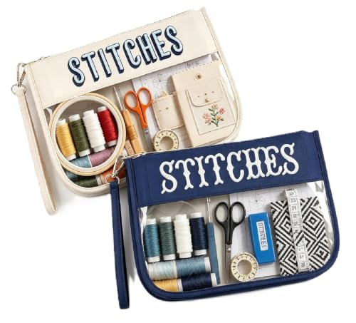 RF REENFAYA Clear Zipper Project Pouch for Needlepoint & Embroidery-Beige/Navy - color: Beige/Navy