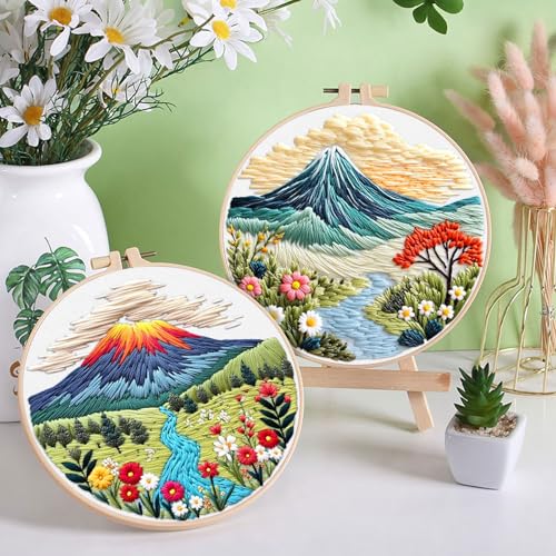 ERKOON 4 Set Embroidery Kit for Beginners, Cross Stitch Set Include Embroidery Cloth Hoops Threads for Craft Lover Hand Stitch with Embroidery Skill Techniques (Landscape) - color: Landscape