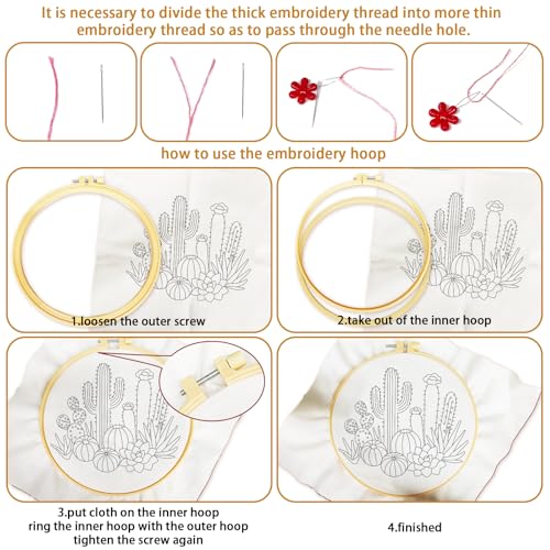 BEUNITONE Cactus Embroidery Kit for Beginners, 6PC Succulent Plant Themed Needlepoint Kits for Adults with Hoops, Threads, Needles, Instructions and Full Kits, DIY Home Decor Craft Gift for Adults - style: Cactus
