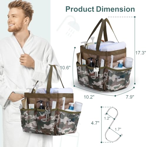 Mesh Shower Caddy Portable - 8 Pockets, S-Hook, Shower Bag for Dorm Camping - color: Brown Camouflage, size: L (Classic Dorm Caddy)
